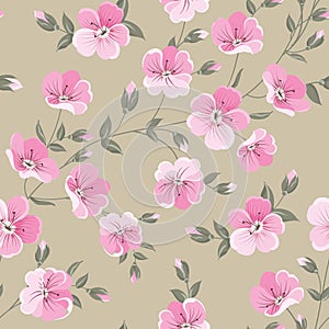 Linum seamless pattern for fabric swatches. Pattern with red flowers and small leaves.