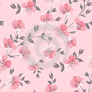 Linum seamless pattern for fabric swatches. Pattern with red flowers and small leaves.