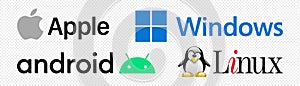 Set of operating system logo: Linux, Android, Mac Os, Windows, vector ditorial illustration