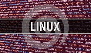 LINUX concept with Random Parts of Program Code. LINUX with Programming code abstract technology background of software developer