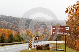 Linville and Grandfather Mountain Biosphere Reserve Sign with Mountain Scenery in Autumn