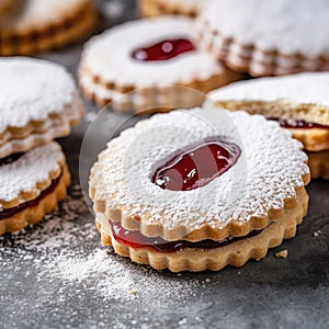 Linzer cookies, sugar powder, different colors, neutral background, tasty bisquits close-up