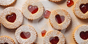 Linzer cookies, sugar powder, different colors, neutral background, tasty bisquits close-up. photo