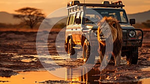 Lion against safari SUV car in the savanna of Etosha National Park in Namibia