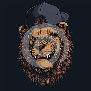 Lion angry wearing backwards hat vector illustration