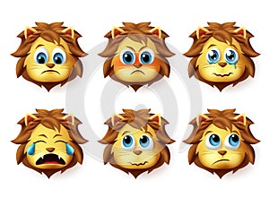 Lion animal emoji vector set. Cute emoji of lions face in sad and angry emotions and expressions.