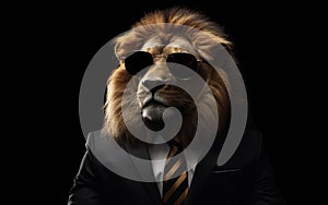 lion animal in the form of a man in a suit and sunglasses, a good leader, the boss, director, generative ai