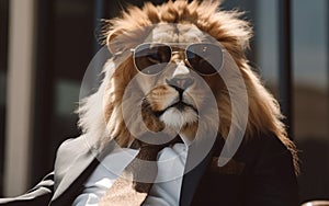 lion animal in the form of a man in a suit and sunglasses, a good leader, the boss, director, generative ai