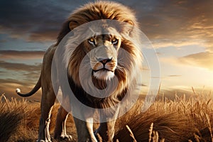 Lion. Animal King. Free wild lion in natural habitat. Proud look. The strength and power of a wild beast. Noble proud