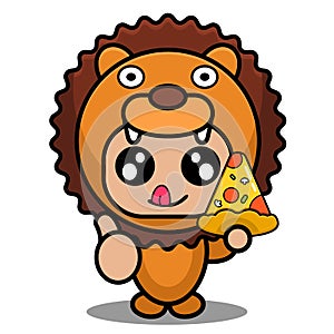 Lion animal mascot costume eating pizza