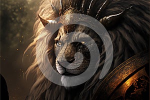 Lion animal portrait dressed as a warrior fighter or combatant soldier concept. Ai generated