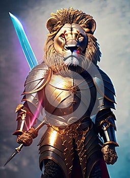 Lion in armor with a sword on a dark background. 3d illustration