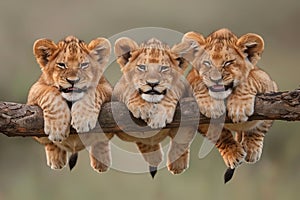 Lion Baby group of animals hanging out on a branch, cute, smiling, adorable Generative AI