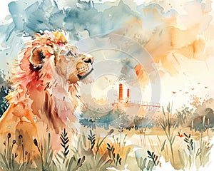 A lion, with a backdrop of a copper smelting plant, breathes air heavy with pollution