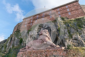 The Lion of Bartholdi against blue sky in Belfort, France