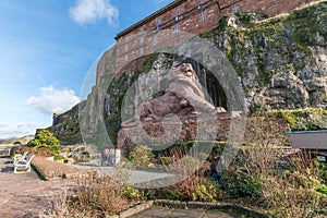 The Lion of Bartholdi against blue sky in Belfort, France