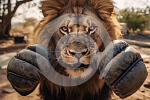 Lion boxer. Lion in boxing gloves. The lion is boxing. Generative AI technology