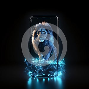 Lion in a broken smartphone on black background. 3d rendering