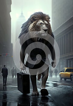 A lion in a business suit and a cup of coffee walks around the city. AI Generated