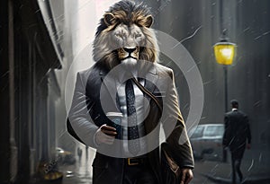 A lion in a business suit and a cup of coffee walks around the city. AI Generated