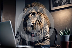 A lion in a business suit at the office, generative ai