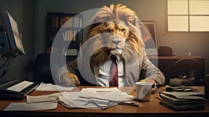 Lion in business suit, sitting at a desk with business documents, expressing seriousness and entrepreneurial activity