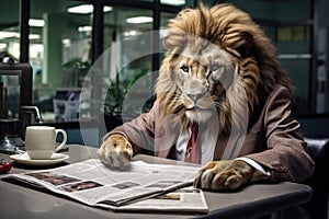 lion businessman reading a financial newspaper at a desk