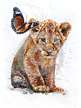 Lion with Butterfly watercolor painting