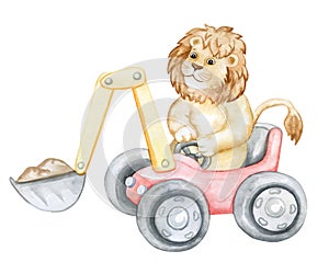 Lion by car, by excavator isolated on a white background. Watercolor