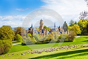 Lion castle Lowenburg in Germany and herd of sheep