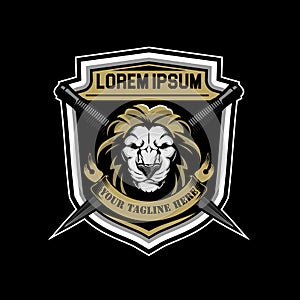 Lion character with knife Badge shield or Crest logo template photo