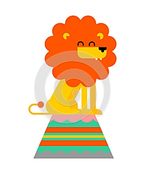 Lion on Circus stand. Circus Leo cartoon. Vector illustration