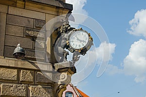 Lion with clock sculpture in the centrum of Klodzko, Poland photo