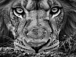 Lion Close-up looking into the camera, black and white