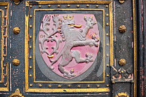 Lion - coat of arms of the Czech Republic on doors of St. Peter and St. Paul Basilica, Prague