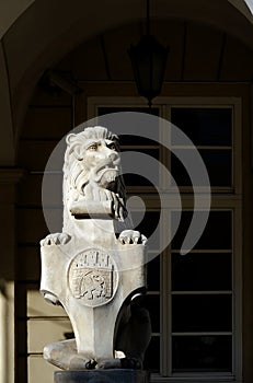 Lion with coat of arms near the town hall in Lviv Ukraine