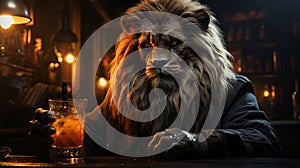 Lion with cold lemonade. Terrible predator drinking mojito and iced tea