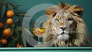 Lion with cold lemonade. Terrible predator drinking mojito and iced tea