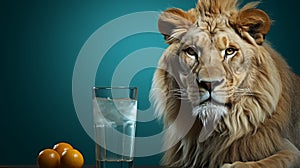 Lion with cold lemonade. Terrible predator drinking mojito and iced tea