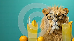 Lion with cold lemonade. Terrible predator drinking mojito and iced tea