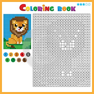 Lion. Color by numbers. Coloring book for kids. Colorful Puzzle Game for Children with answer