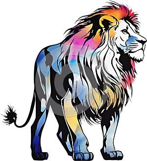 Lion with colorful hair, drawing of Lion with colorful hair using the Japanese brushstroke technique. AI-Generated.