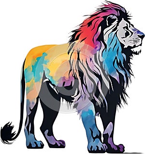 Lion with colorful hair, drawing of Lion with colorful hair using the Japanese brushstroke technique. AI-Generated.