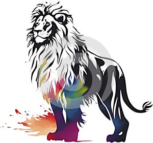 Lion with colorful hair, drawing of Lion with colorful hair using the Japanese brushstroke technique. AI-Generated.