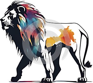 Lion with colorful hair, drawing of Lion with colorful hair using the Japanese brushstroke technique. AI-Generated.