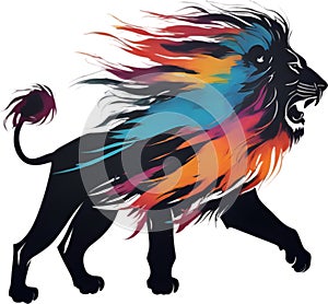 Lion with colorful hair, drawing of Lion with colorful hair using the Japanese brushstroke technique. AI-Generated.