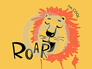 Lion cool summer t-shirt print. African animal with slogan. Roar Safari time. Lev beach funny child wear