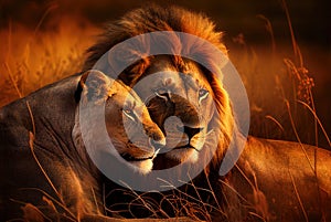 Lion couple lying together on african savanna.