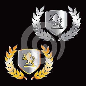 Lion crest shields in gold and silver