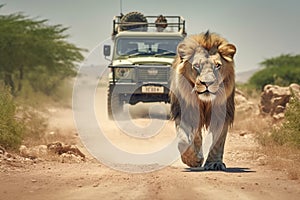 Lion crosses the road in the national park. Lion walks along the road against the background of a safari car. Generative AI